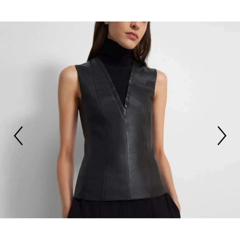 Sioni Milano Sweater Womens Small Black Knit Faux Leather Combo Sleeveless‎ Mock
